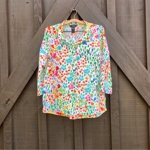 Ali Miles Shirt Womens Medium Multicolor Linen Blend Floral Button Front Tunic